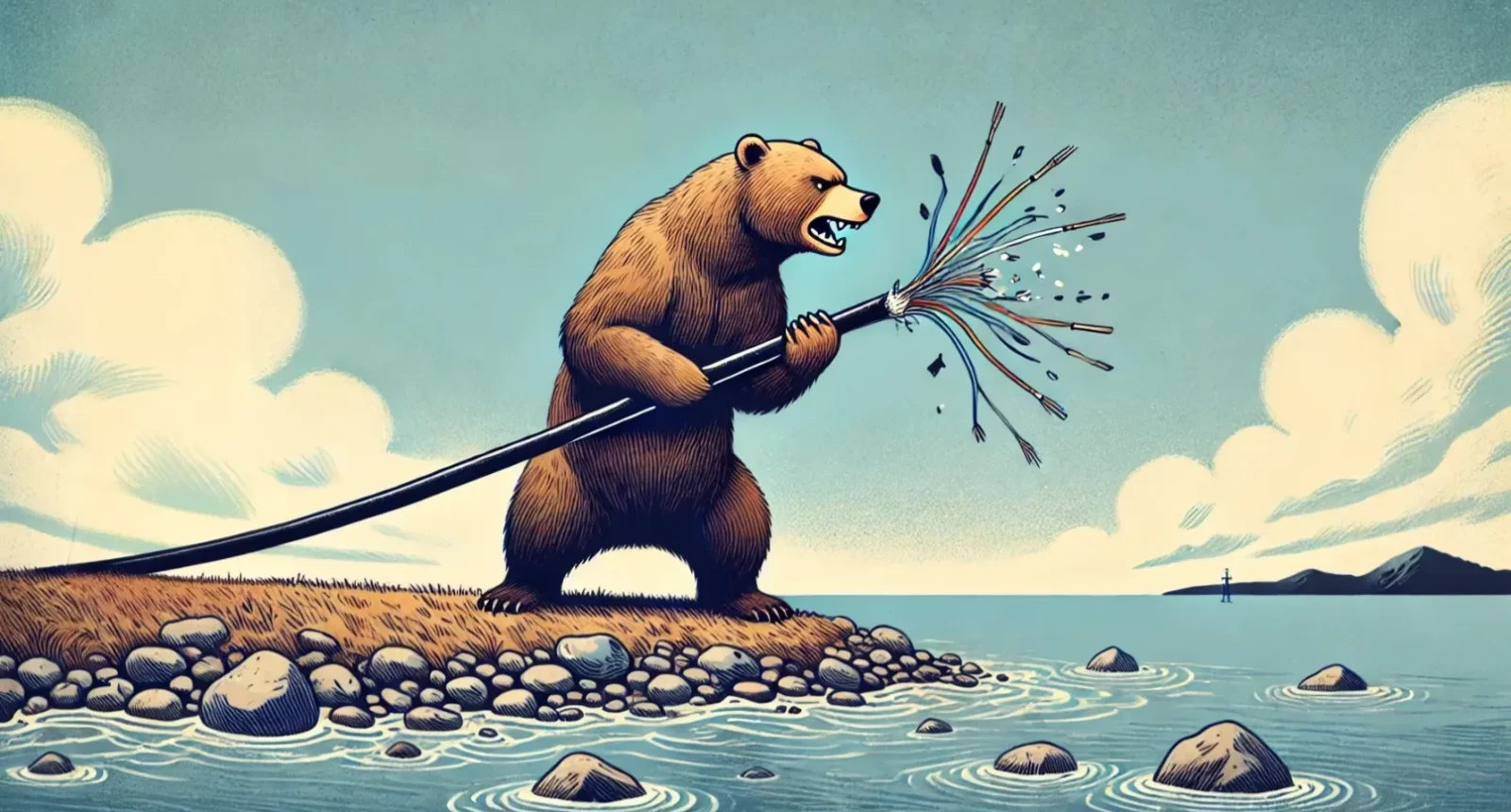 A bear standing on the shore with a broken cable