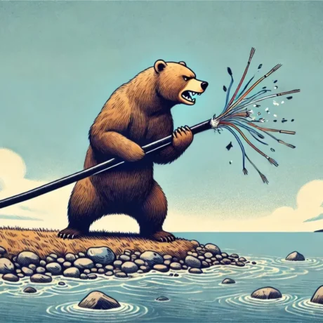 A bear standing on the shore with a broken cable