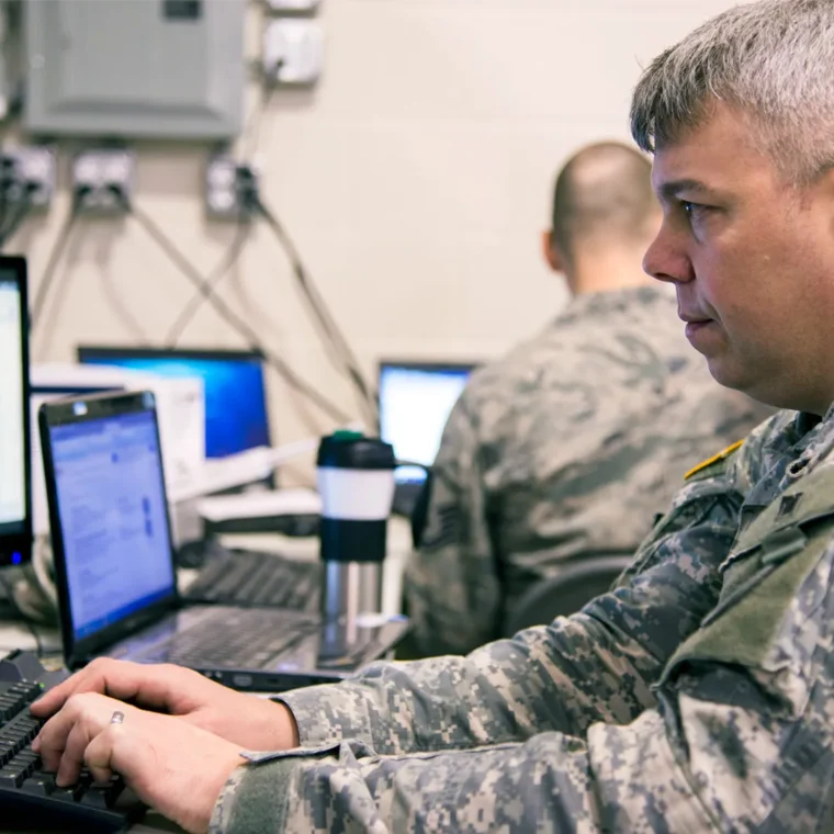 A member of the Ohio National Guard Computer Network Defense Team during a cyber defense exercise
