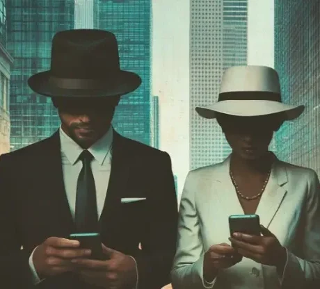Female and male figures with hats looking at their phones