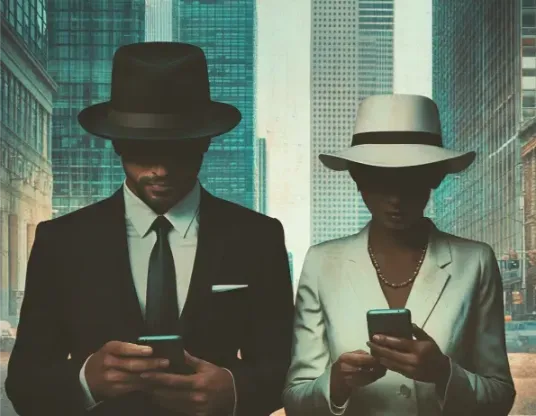 Female and male figures with hats looking at their phones