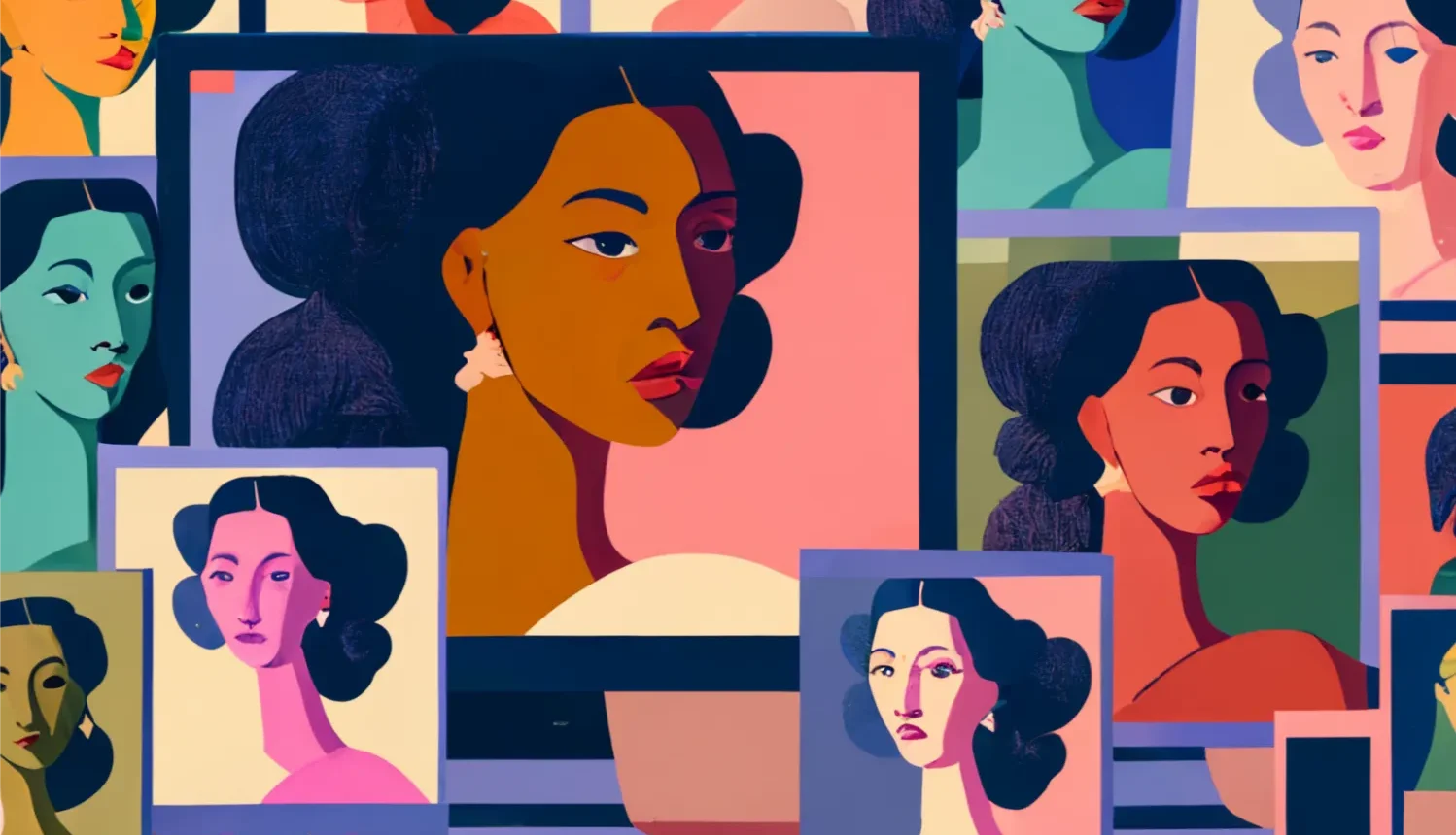 Diverse group of images of female figures on screens of different shapes and sizes
