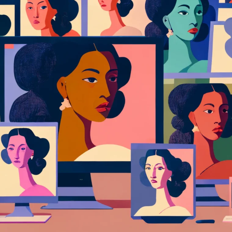 Diverse group of images of female figures on screens of different shapes and sizes