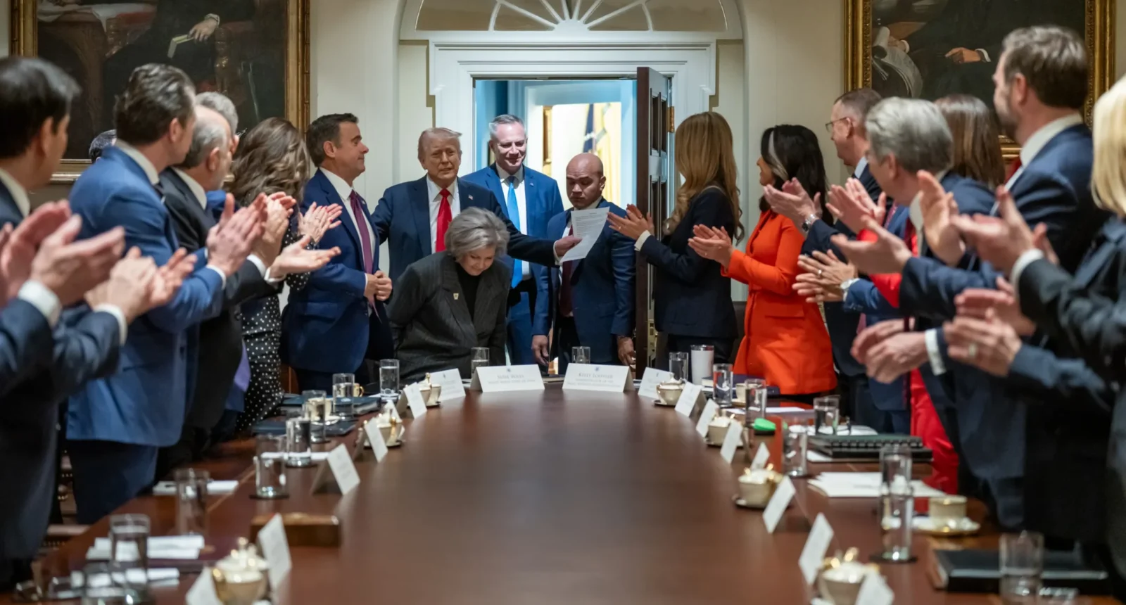 Mike Waltz stands to US president Donald Trump’s right at the first full cabinet meeting of his second term, on 26 February 2025. Photo: The White House