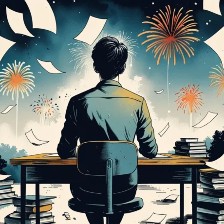 A person sitting behind a desk and looking at fireworks