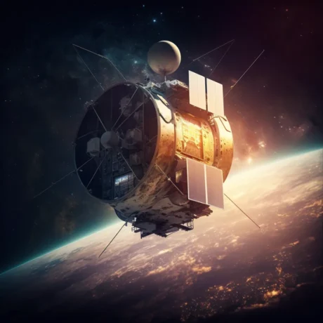 A futuristic laser weapon floating in space in front of earth