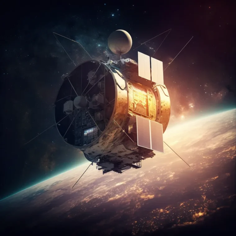 A futuristic laser weapon floating in space in front of earth