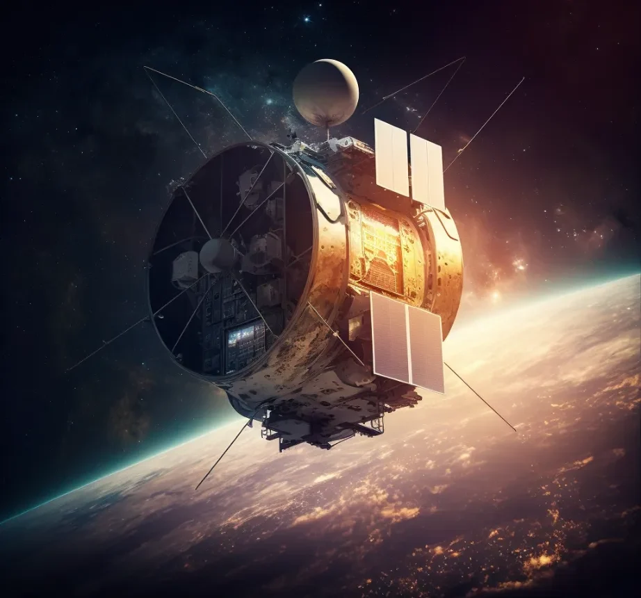 A futuristic laser weapon floating in space in front of earth