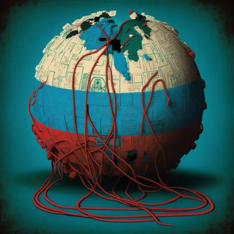 A round globe symbolising the internet in the red, blue and white colours of the Russian flag