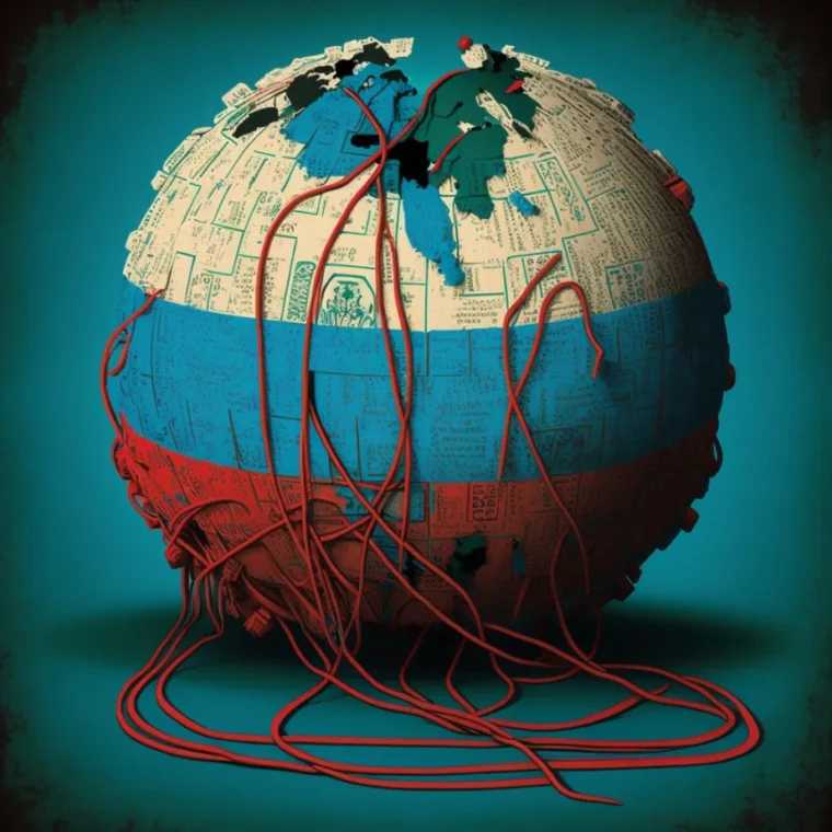 A round globe symbolising the internet in the red, blue and white colours of the Russian flag