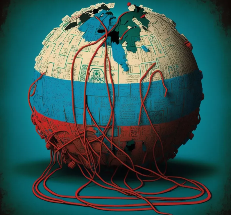 A round globe symbolising the internet in the red, blue and white colours of the Russian flag