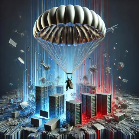 A person with a parachute landing in the middle of a group of servers