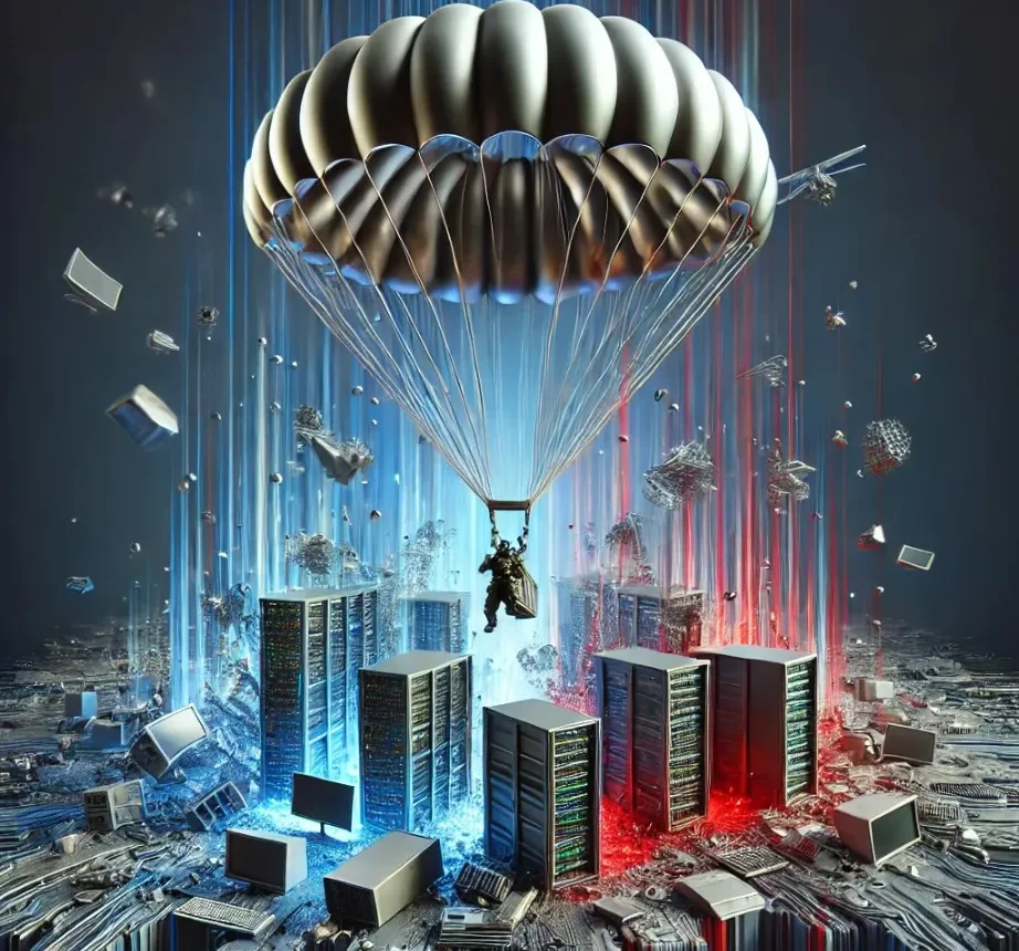 A person with a parachute landing in the middle of a group of servers