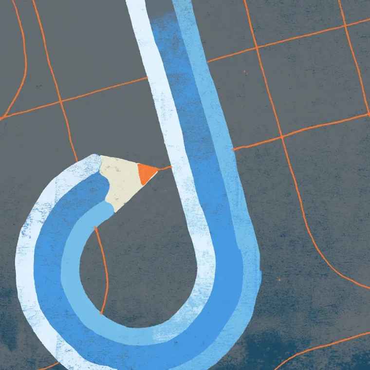 Abstract illustration of a blue pencil forming a curved hook shape, set against a dark gray background with an orange grid pattern.