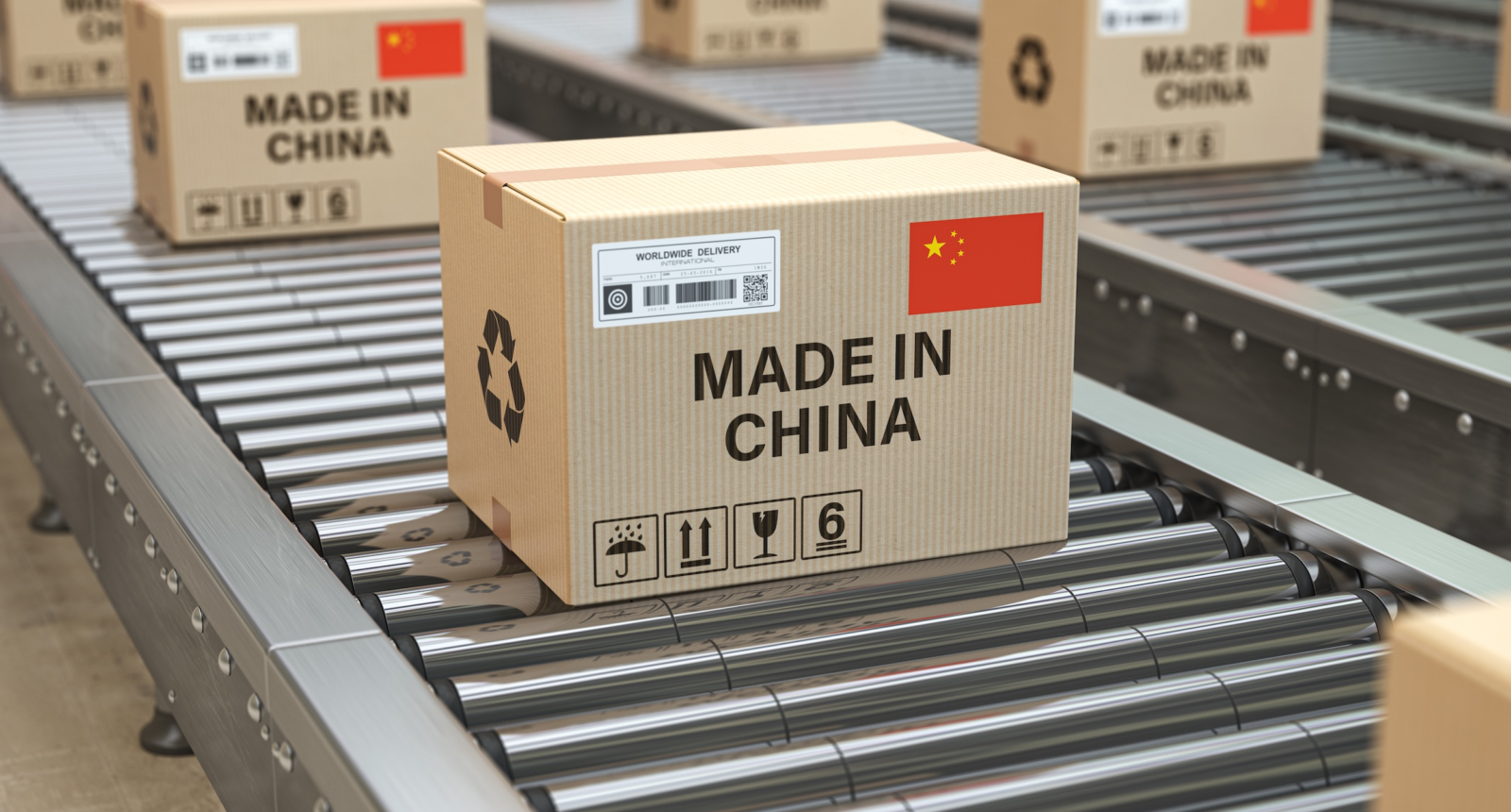 Made in China. Cardboard boxes with text made in China and chinese flag on the roller conveyor. 3d illustration