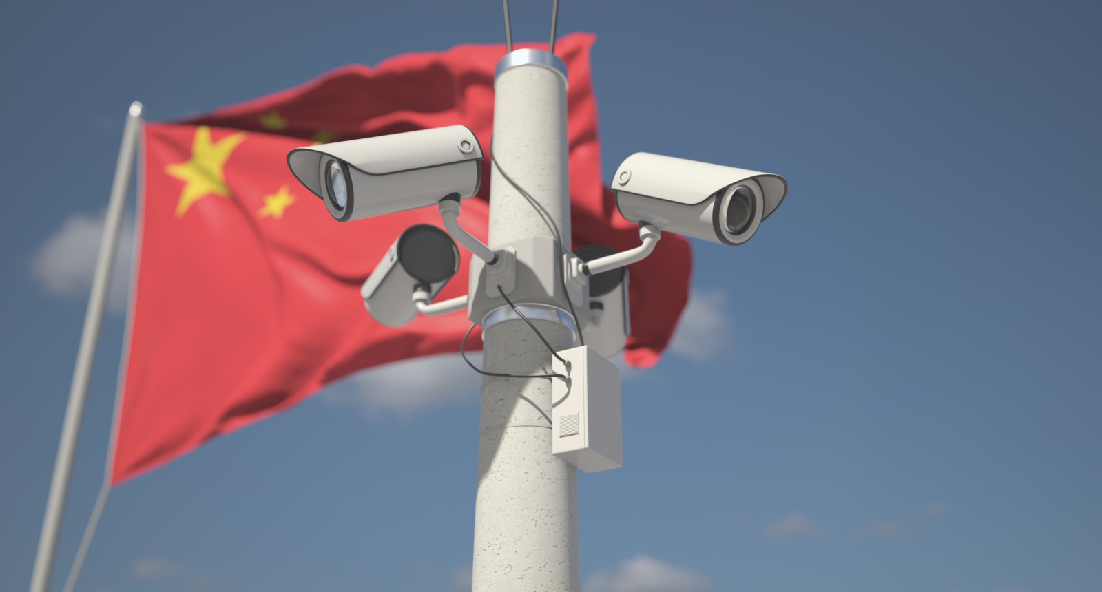 Flag of china and four security cameras, looping animation 3D rendering