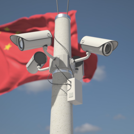 Flag of china and four security cameras, looping animation 3D rendering