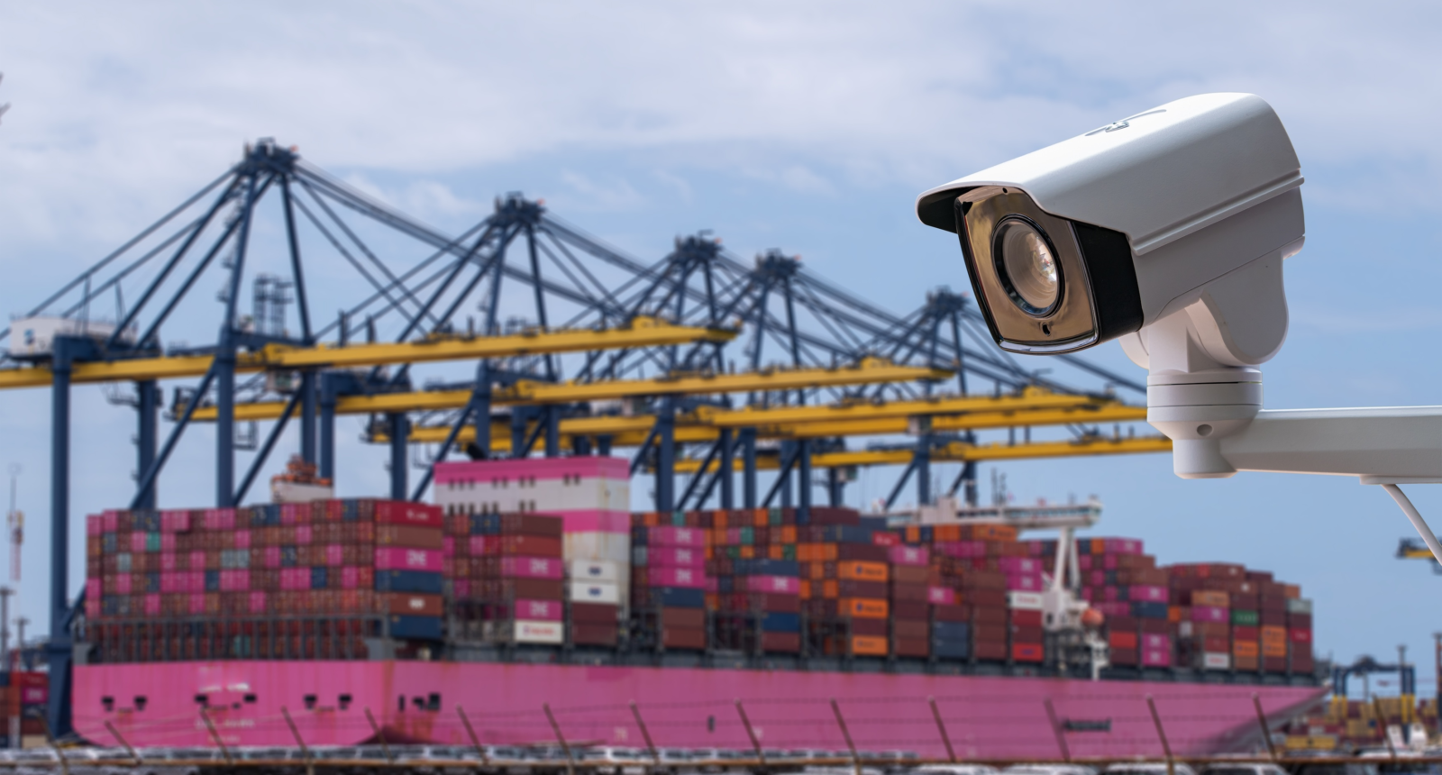 CCTV camera prominently visible, symbolizing security and monitoring systems at shipment loading car import and export commercial trade business logistic and transportation of international.