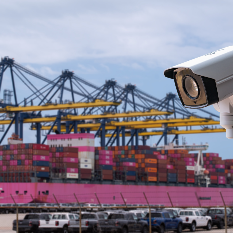 CCTV camera prominently visible, symbolizing security and monitoring systems at shipment loading car import and export commercial trade business logistic and transportation of international.