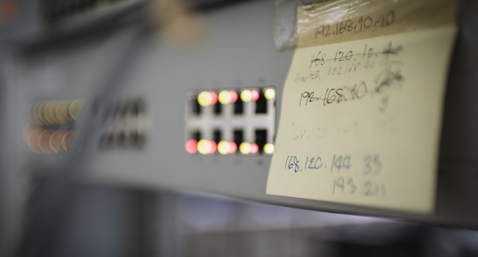 Close up of rack network switch with indication light bokeh and notepad with generic ip address written on it