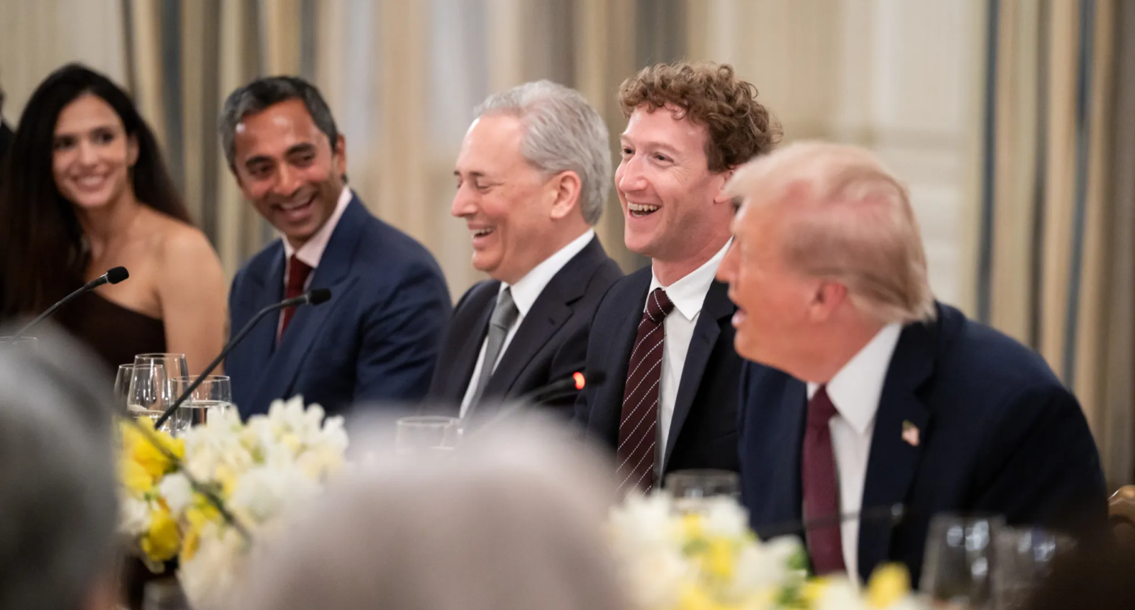 From left, pharmaceutical executive Nathalie Dompé, venture capitalist Chamath Palihapitiya, White House AI and crypto czar David Sacks, Meta CEO Mark Zuckerberg, and President Donald Trump at a White House dinner, 4 September 2025. Photo: White House/Andrea Hanks