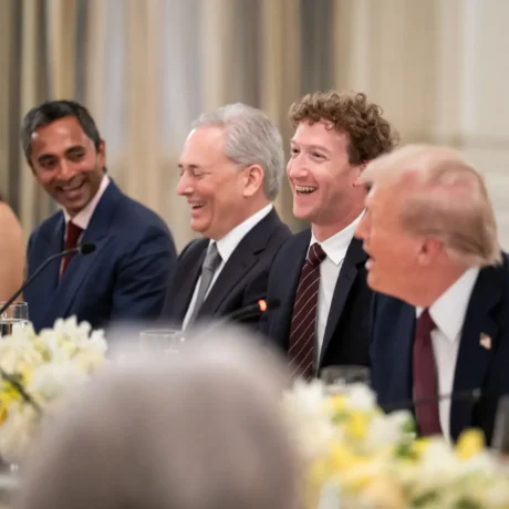 From left, pharmaceutical executive Nathalie Dompé, venture capitalist Chamath Palihapitiya, White House AI and crypto czar David Sacks, Meta CEO Mark Zuckerberg, and President Donald Trump at a White House dinner, 4 September 2025. Photo: White House/Andrea Hanks